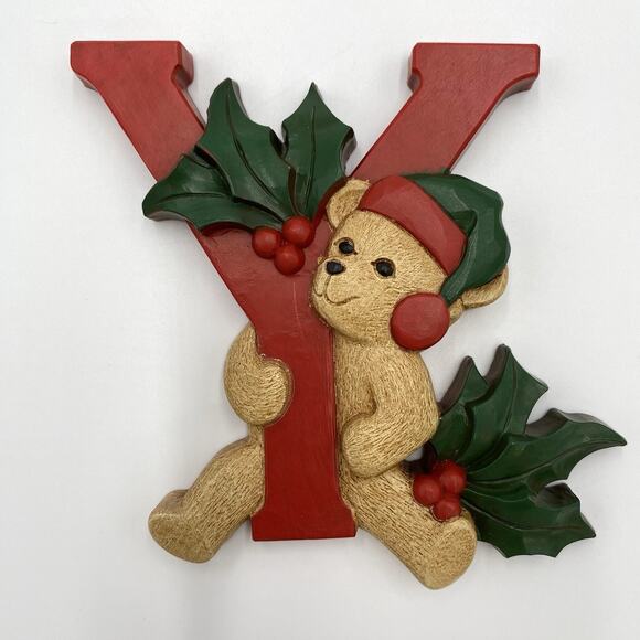 Home Interiors Homeco JOY Teddy Bear Christmas Wall Decor Plaques Holly Vintage - Picture 8 of 12
